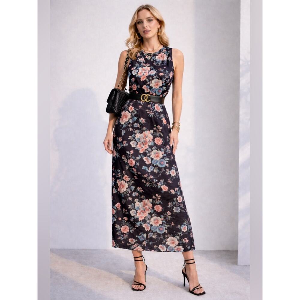 New Aleeza Paris Bloom Olivina Slip Dress Black Floral – Size Large